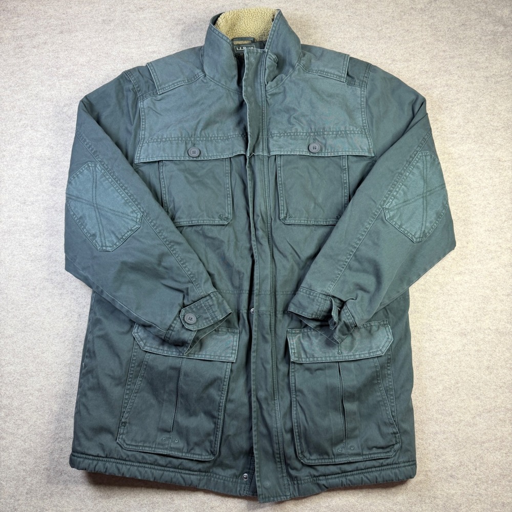 LL Bean Mens Field Jacket XL Tall Green Canvas Sherpa Lined Parka 284421